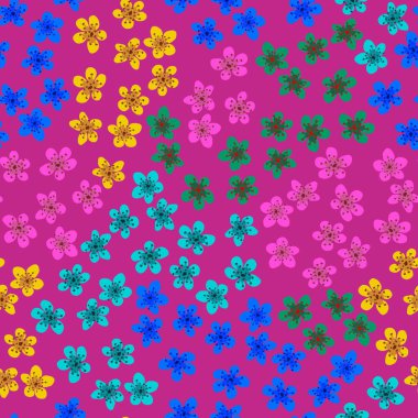 Kumaş, ambalaj, duvar kağıdı, tekstil dekoru, tasarım, davetiyeler, baskı, hediye paketi ve imalat için Japon kirazlı sakura ile kusursuz desen. Fuşya arka planında renkli çiçekler