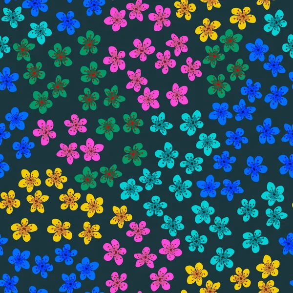 Kumaş, ambalaj, duvar kağıdı, tekstil dekoru, tasarım, davetiyeler, baskı, hediye paketi ve imalat için Japon kirazlı sakura ile kusursuz desen. Yeşil arkaplanda renkli çiçekler