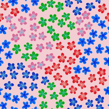 Kumaş, ambalaj, duvar kağıdı, tekstil dekoru, tasarım, davetiyeler, baskı, hediye paketi ve imalat için Japon kirazlı sakura ile kusursuz desen. Pembe arka planda renkli çiçekler