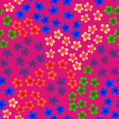 Kumaş, ambalaj, duvar kağıdı, tekstil dekoru, tasarım, davetiyeler, baskı, hediye paketi ve imalat için Japon kirazlı sakura ile kusursuz desen. Fuşya arka planında renkli çiçekler
