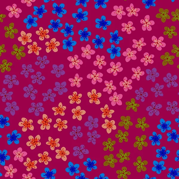 Kumaş, ambalaj, duvar kağıdı, tekstil dekoru, tasarım, davetiyeler, baskı, hediye paketi ve imalat için Japon kirazlı sakura ile kusursuz desen. Kırmızı arkaplanda renkli çiçekler