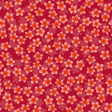 Kumaş, ambalaj, duvar kağıdı, tekstil dekoru, tasarım, davetiyeler, baskı, hediye paketi ve imalat için Japon kirazlı sakura ile kusursuz desen. Kızıl arka planda mercan çiçekleri