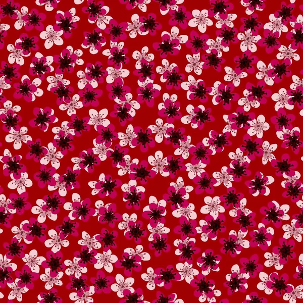 Seamless pattern with blossoming Japanese cherry sakura for fabric,packaging,wallpaper,textile decor,design, invitations,print,gift wrap,manufacturing.Salmon and fuchsia flowers on red background