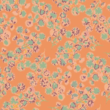 Şekillendirilmiş çiçekleri ve turuncu arka planda yeşil, pembe, mor yaprakları olan kusursuz çiçek desenleri. Tekstil, duvar kağıdı, ambalaj, dekor, dijital kullanım için ideal canlı bileşim.
