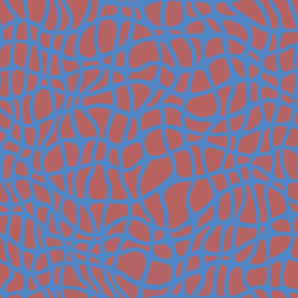 Kırmızı arkaplanda birbirine bağlı mavi çizgilerin akışkan hücre şekilleri oluşturması gibi bir ağ. Soyut tasarım, dijital sanat, tekstil, ambalaj, görsel konsept için canlı kontrast ve organik akış ideali.
