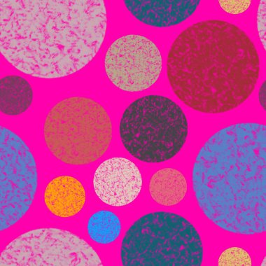 Parlak pembe arka planda desenli çok renkli daireler olan soyut bir model. Mermer yüzeyler ve rastgele yerleşim tekstil, duvar kağıdı, dijital tasarım için neşeli ve canlı bir doku oluşturur.