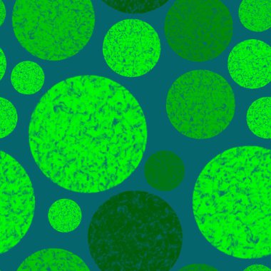 Deniz mavisi arkaplanında yeşil desenli daireler olan soyut desen. Mermer yüzeyler ve rastgele yerleşim tekstil, duvar kağıdı, dekor ve dijital tasarım için canlı organik doku oluşturur.