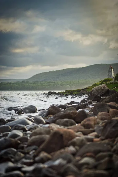 Nova Scotian Strand Med Fyr Bakgrunden — Stockfoto