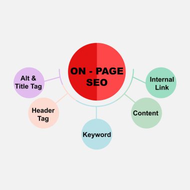 On-page SEO metin ve anahtar sözcüklerle diyagram kavramı. Gri arkaplanda EPS 10 izole edildi
