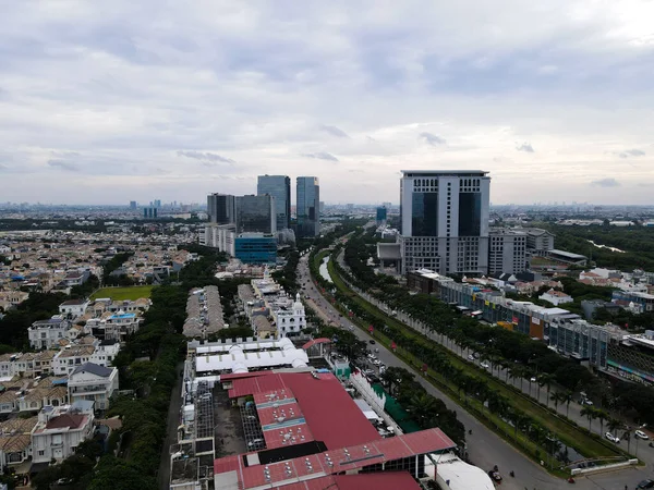 Luchtfoto Van Kantoorgebouwen Jakarta Centrale Zakenwijk Lawaaiwolk Bij Zonsondergang Jakarta — Stockfoto
