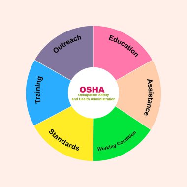 OSHA ile diyagram konsepti - Meslek Güvenliği ve Sağlık İdaresi metni ve anahtar sözcükler. Pembe arkaplanda EPS 10 izole edildi