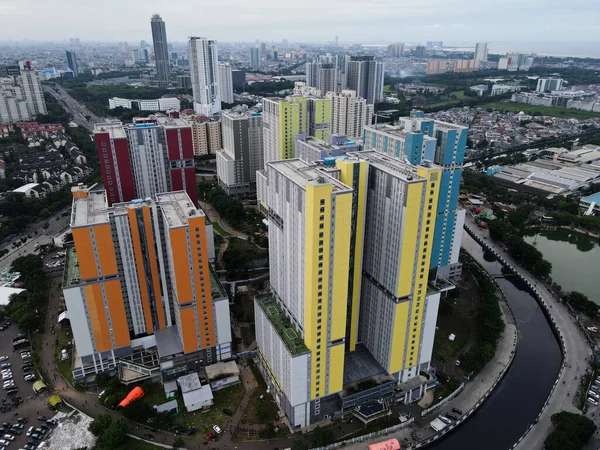 Letecký Bezpilotní Pohled Moderní Bytový Dům Centrální Obchodní Čtvrti Jakarta — Stock fotografie