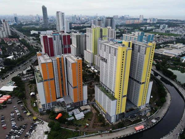 Letecký Bezpilotní Pohled Moderní Bytový Dům Centrální Obchodní Čtvrti Jakarta — Stock fotografie