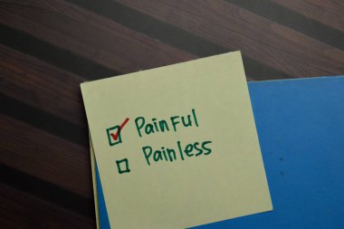Painful and Painless write on sticky notes and supported by additional services write on a sticky notes isolated on Wooden Table. clipart