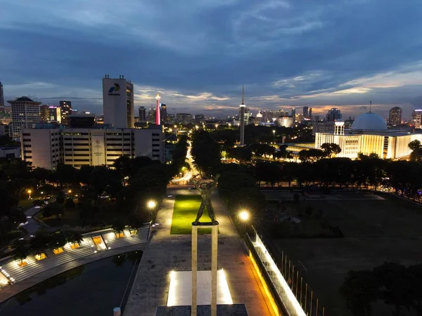 Aerial View West Irian Liberation Monument Downtown Jakarta Noise Cloud — Stock Photo, Image