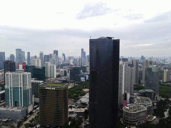 Aerial View Highway Intersection Buildings City Jakarta Noise Cloud Jakarta — Stock Photo, Image