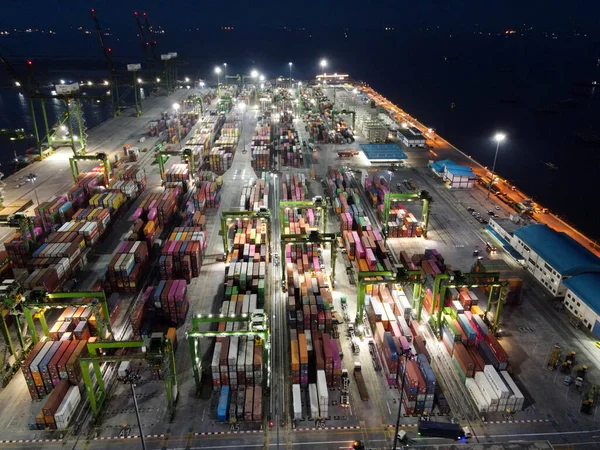 Vista Aérea Navio Recipiente Que Carrega Descarrega Porto Mar Profundo — Fotografia de Stock