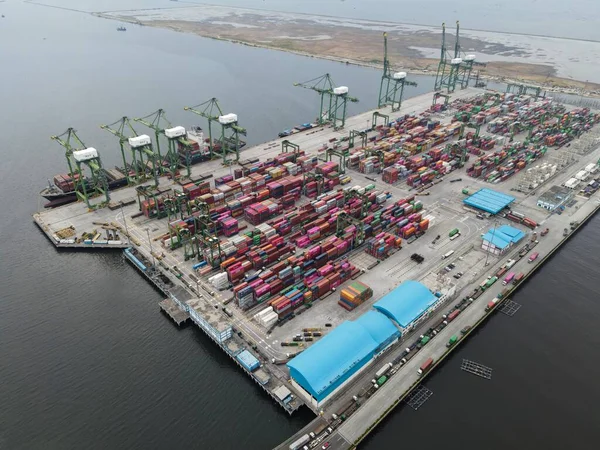 Aerial View Container Ship Loading Unloading Deep Sea Port Import — 스톡 사진