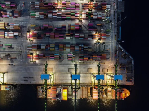 Aerial View Container Ship Loading Unloading Deep Sea Port Logistic — Foto de Stock