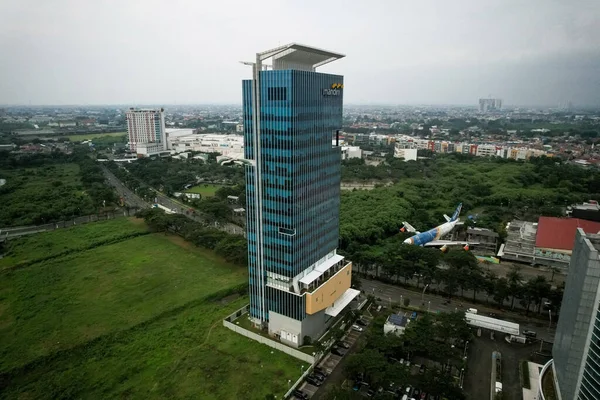 Vista Aérea Del Moderno Edificio Oficinas Por Noche Bekasi Indonesia — Foto de Stock