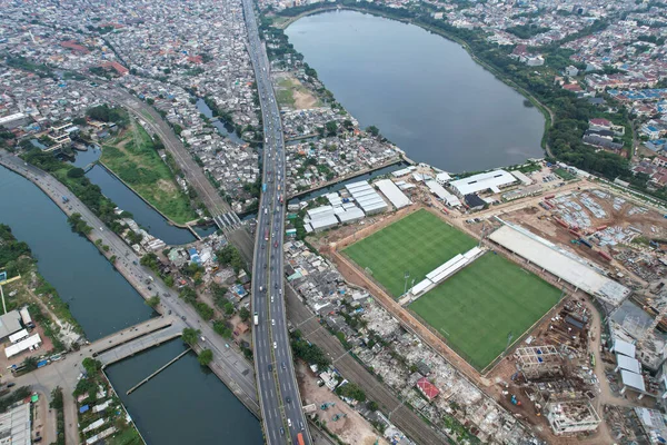 Vista Aérea Construcción Nuevo Estadio Fútbol Para Equipo Indonesia Estadio — Foto de Stock
