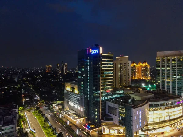 Aerial View City Traffics Jakarta Night Vehicles Moving Road Buildings — Stock Photo, Image