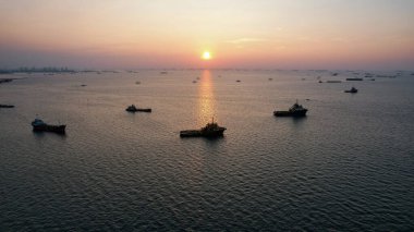 Aerial view of Beautiful sunset on the sea. Bekasi, May 22, 2021