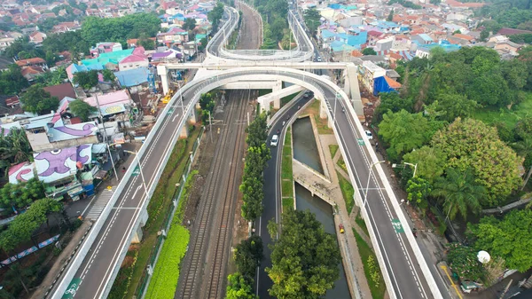 Luchtfoto Van Oneindig Verkeersknooppunt Kruising Weg Met Auto Vervoer Jakarta — Stockfoto