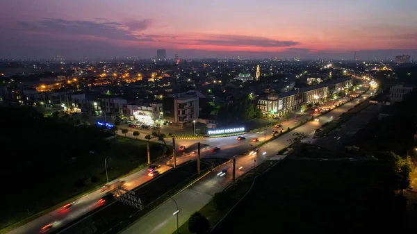 Vista Aérea Cidade Trafica Cruz Bekasi Para Baixo Noite Veículos — Fotografia de Stock