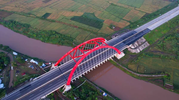 Flygfoto Över Kalikuto Bridge Ikonisk Röd Bro Vid Trans Java — Stockfoto