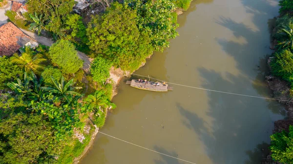 Aerial View Boat Sledding Cross River Bekasi Indonesia July 2021 — Stock Photo, Image