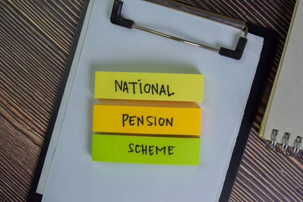Regime Nacional Pensões Escrever Notas Adesivas Isoladas Mesa Madeira — Fotografia de Stock
