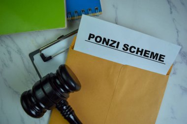 Ponzi Scheme text on document above brown envelope. clipart