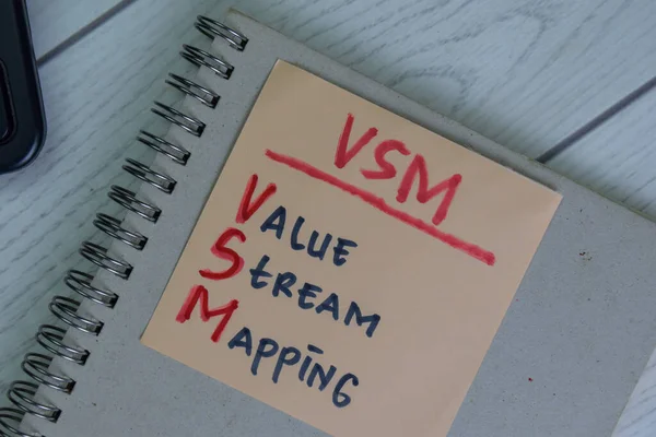 Vsm Value Stream Mapping Zapisuje Lepicí Poznámky Izolované Dřevěném Stole — Stock fotografie