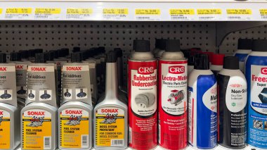 Various type a car care product display for sell on the supermarket shelf. Bekasi, Indonesia, December, 22, 2025