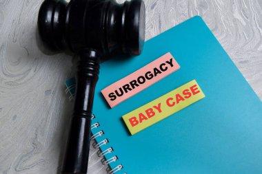 Taşıyıcı annelik davası kavramı Tahta Masa 'da izole edilmiş yapışkan notlara yazılır. Aile hukukunu, ebeveynlik haklarını ve çocuk koruma hizmetlerini temsil etmek