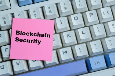 Concept of blockchain security write on sticky notes isolated on Wooden Table. For digital innovation and connectivity visualization