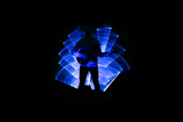 Silueta Hombre Con Una Guitarra Eléctrica Escena Pintura Con Instrumento — Foto de Stock