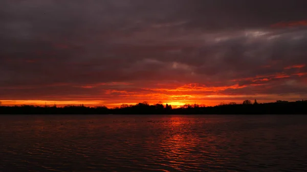 Erstaunlicher Sonnenaufgang Oder Sonnenuntergang Über Einem See Dramatisch Roter Himmel — Stockfoto