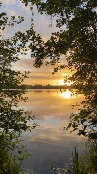 水の上に劇的な空と素晴らしい風景 湖の前に植生のシルエットを持つ農村部のシーンで日の出や日没 — ストック動画