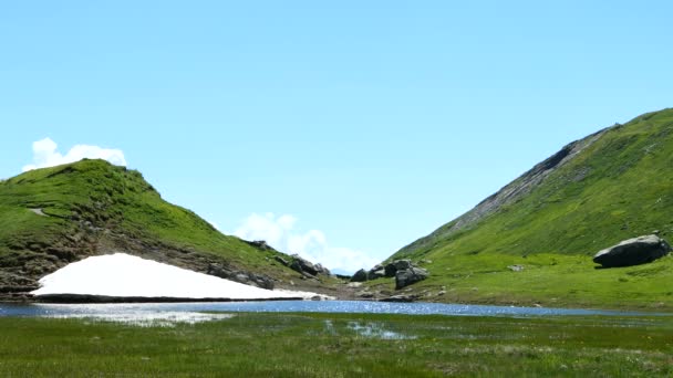 Куча Снега Подножия Зеленой Долины Два Пастбищных Склона Летом Вид — стоковое видео