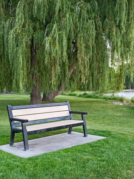 Ensam bänk för avkoppling vid vattnet i parken — Stockfoto