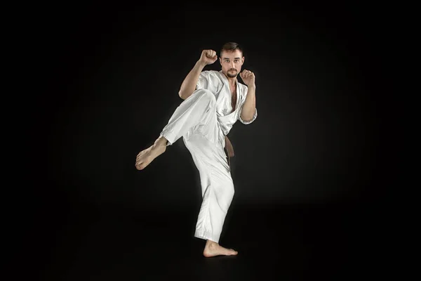 Karate Man Flight Kick Traditional Kimono Training Posing Black Background — Stock Photo, Image