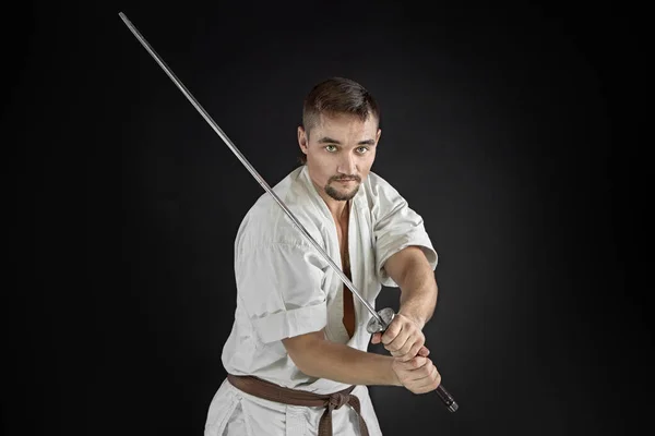 Portret Vechter Meester Draagt Traditionele Witte Kimono Met Stalen Samurai — Stockfoto