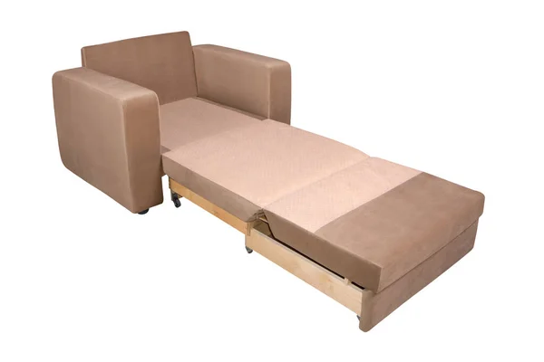 展开的浅棕色扶手椅家具45度视图 在白色背景下隔离 — 图库照片