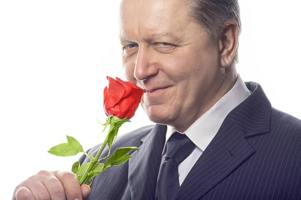 Romantic Senior Gentleman Holding Rose Looking Camera Isolated White Background — Stock Photo, Image
