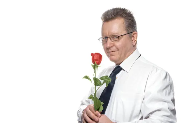 Romantic Senior Gentleman Holding Rose Looking Camera Isolated White Background — Stock Photo, Image