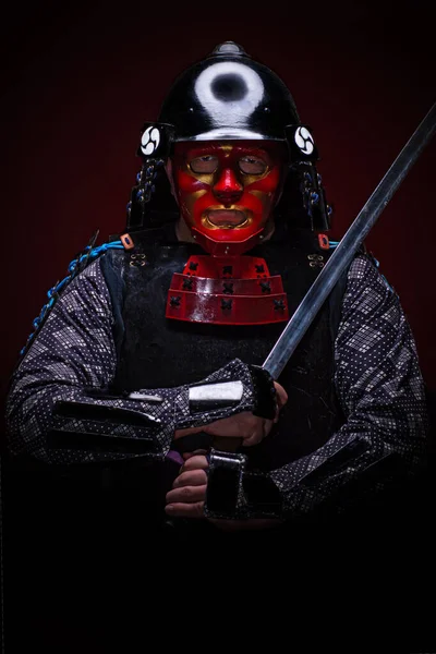 Closeup Portrait Traditional Samurai Armor Sword European Fighter Black Background Royalty Free Stock Photos