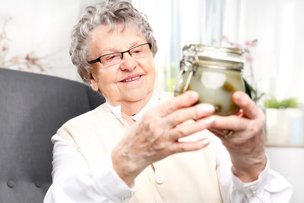 Grandma's pantry, cucumbers in a jar — Stock Photo, Image