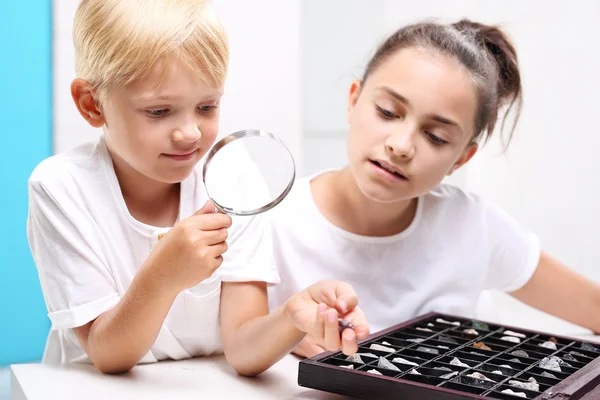 Broers en zussen kijken door een vergrootglas rots — Stockfoto